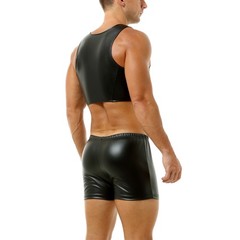 Sexy Men Zipper Mini Vest Sleeveless T-shirts Set Faux Leather Crop Tops+Shorts