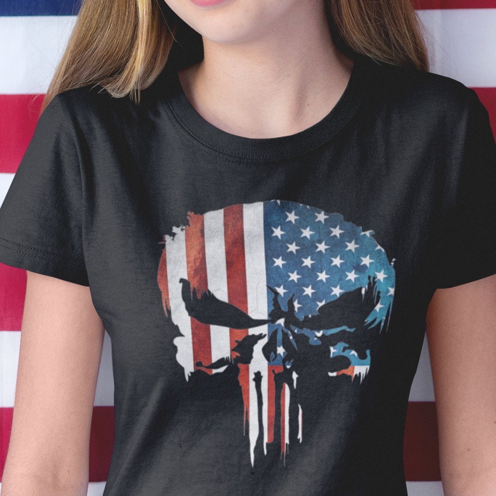 #26 Patriotic Skull T Shirt, USA Flag Tee, Skeleton Head, Independence Day, Gift