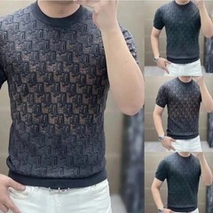 Men’s Premium Jacquard Knit Short Sleeve Sweater Hip Hop Fashion T-Shirt
