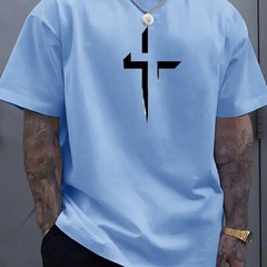 Men T Shirt 100% Cotton Round Neck Short Sleeve Cross Print Plus Size Loose Fit