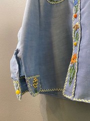 Vintage 70s Handmade Floral Embroidery Hippie Long Sleeve Shirt Blue M