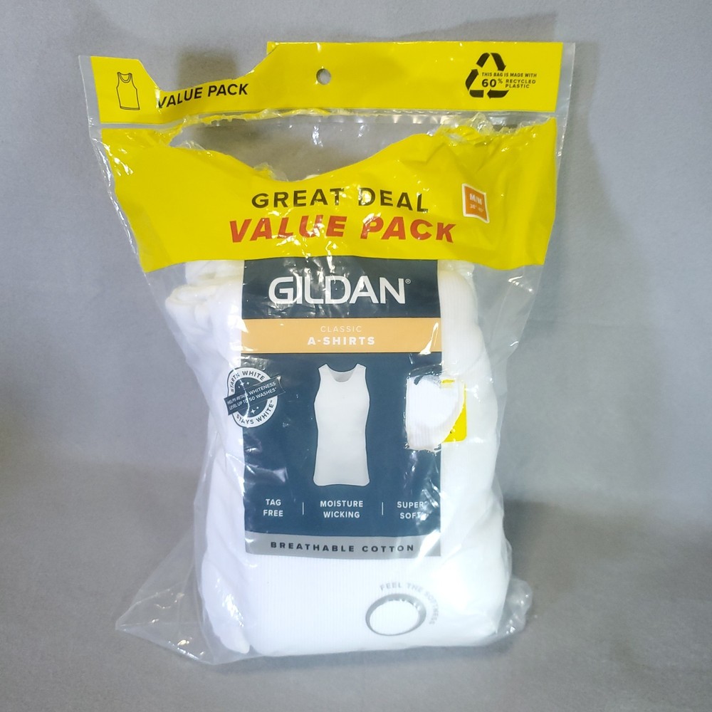8 – Gildan Mens A-Shirts MEDIUM White Ribbed Cotton Tag Free Moisture Wicking