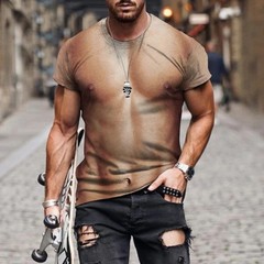 Men Casual Short Sleeve TShirt with Funny Fake Muscle Print for Outdoor Use