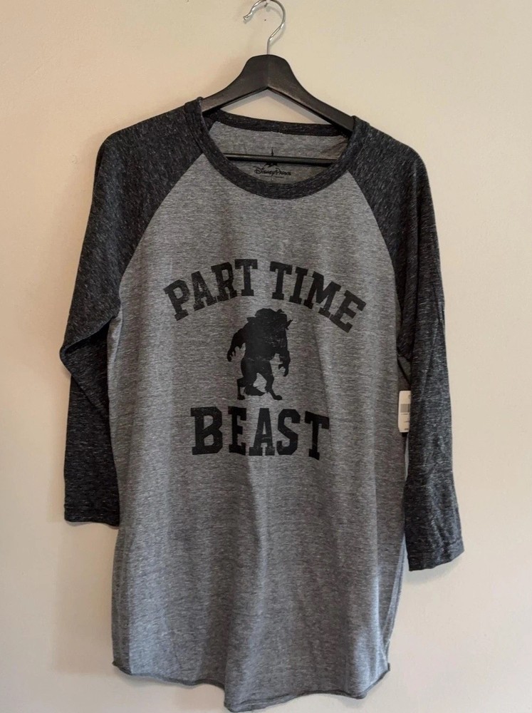 Disney Parks Shirt Mens Large Gray Part Time Beast Graphic Long Sleeve Raglan