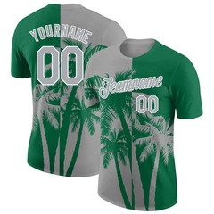Custom Kelly Green Gray White Hawaii Palm Tree T-Shirt Tropical Summer Gift