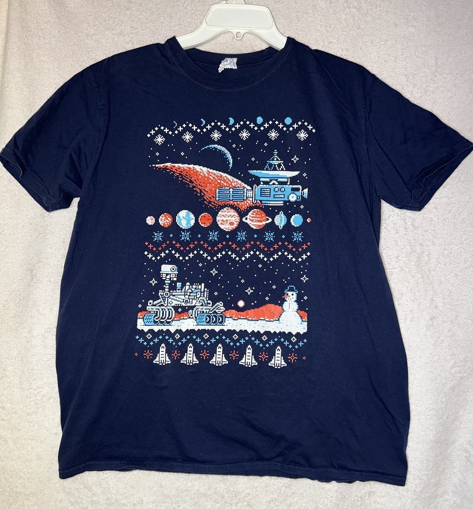 Ugly Holiday Sweater Blue Graphic T-Shirt XL Loot Crate Christmas Lunar Rover