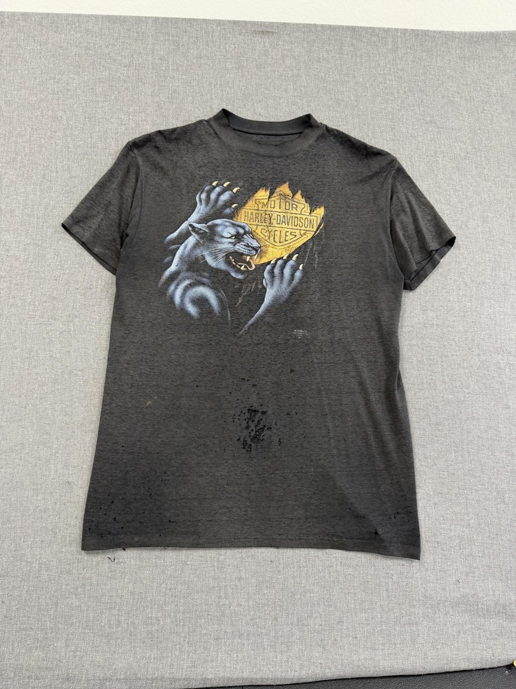Vintage 3D Emblem Harley Davidson Panther T-Shirt Large Faded Black Distressed