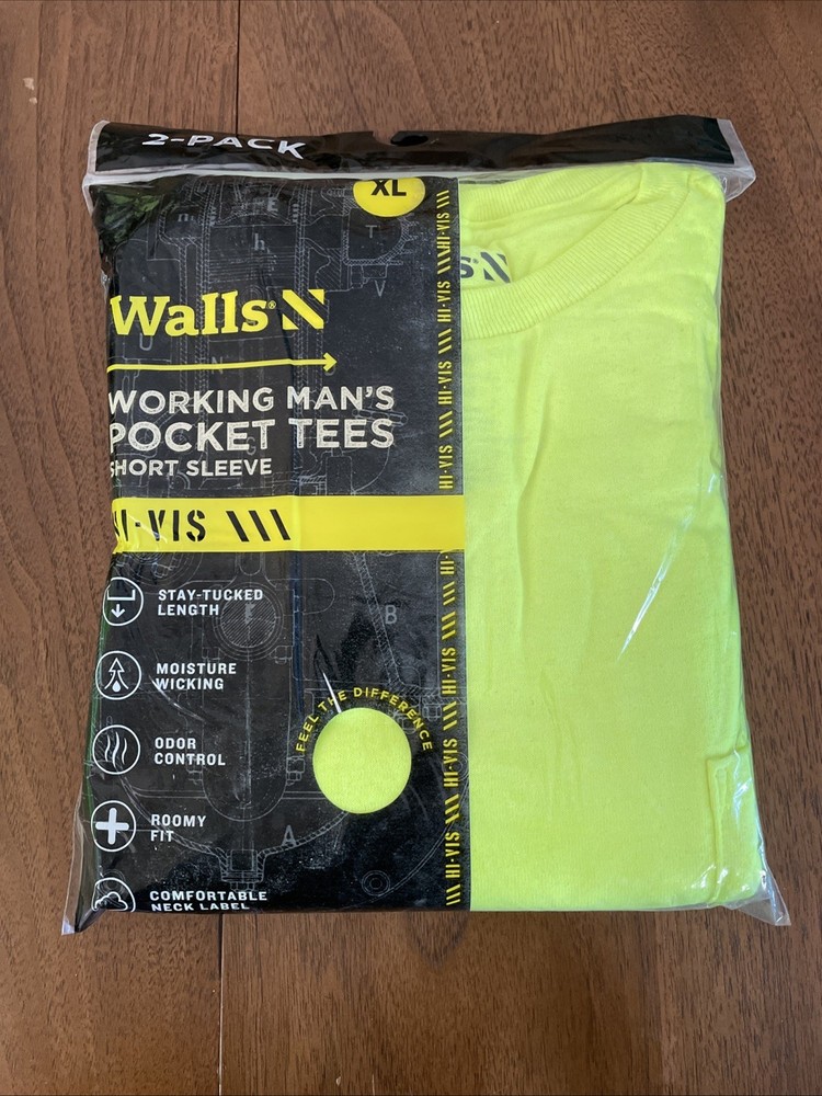 New Walls 2pk Working Mans HI-VIS YELLOW Pocket Tees Short Sleeve T-Shirts Sz XL
