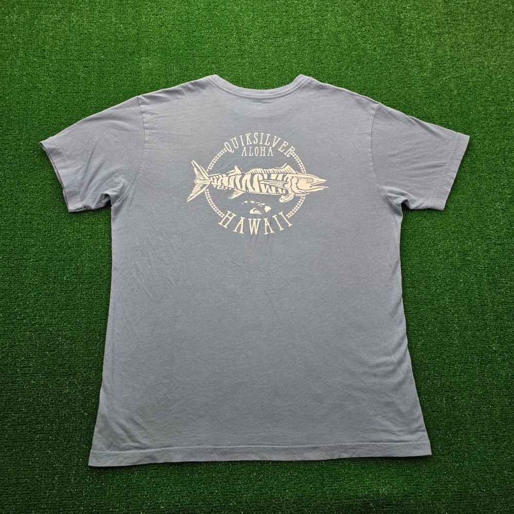 Quiksilver Tshirt Mens XL Blue Aloha Hawaii Fish Print Beach Casual Surfer