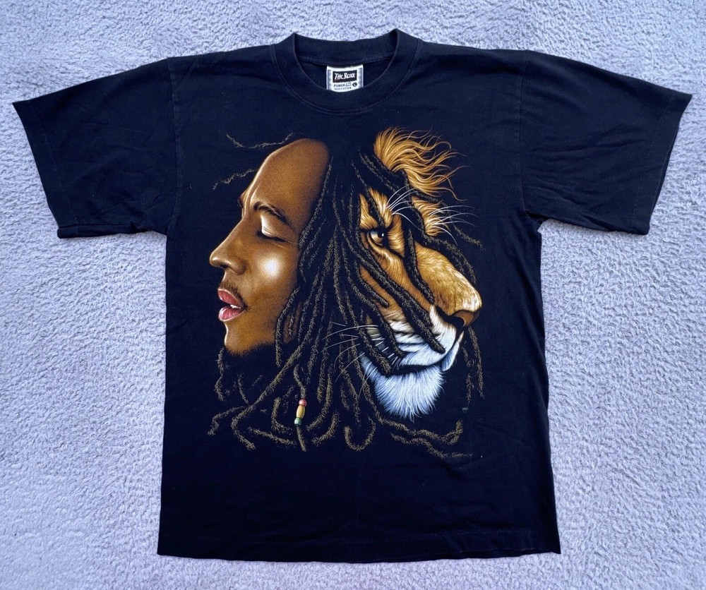 Vtg The Roxx 90s Mens L Black Graphic T Shirt Single Stitch Bob Marley Lion Zion