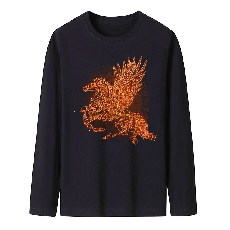 New Fashion Horse Wing Rhinestone Diamond Long Sleeve Luxury Men Trend T-Shirt