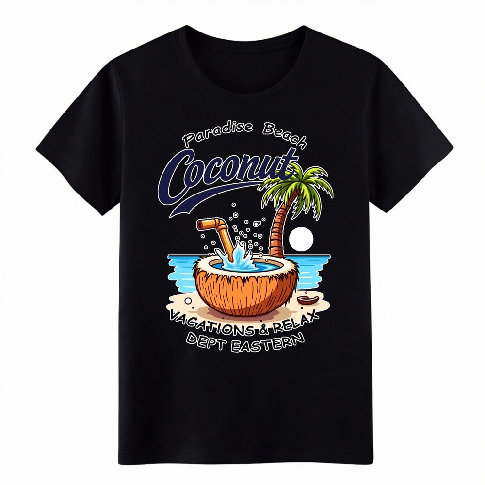 Paradise Beach Coconut Casual T-Shirt, Tropical Summer Vacation Graphic Tee