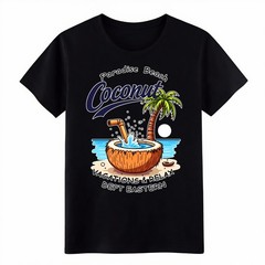 Paradise Beach Coconut Casual T-Shirt, Tropical Summer Vacation Graphic Tee