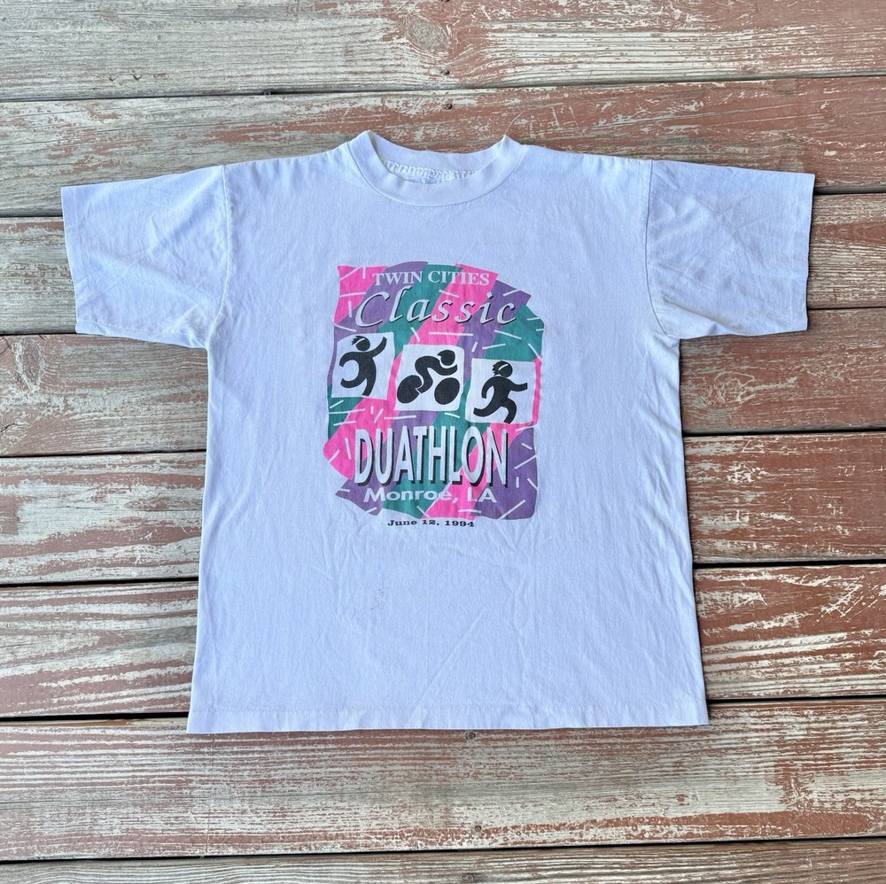 Vintage 90s Single Stitch T-Shirt Mens L White Twin Cities Duathlon Monroe LS