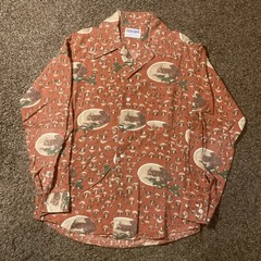 Vintage 70s Mushroom Squirrel Print Permanent Press Button Up Shirt M Cotton