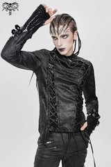 Devil Fashion Men Black Gothic Punk Mesh Spliced Lace-Up T-Shirt Slim Fit Tops