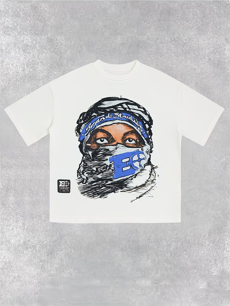Vintage Masked Figure Letter Print Round Neck Short Sleeve Casual Y2K Street Sty