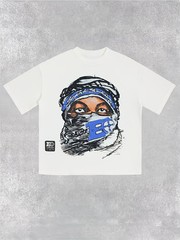 Vintage Masked Figure Letter Print Round Neck Short Sleeve Casual Y2K Street Sty