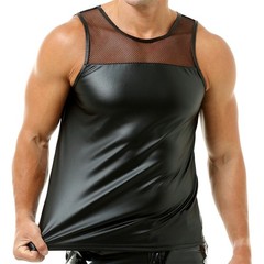 Mens Stretchy Faux Leather Tank Tops Vest Muscle Undershirts Sleeveless Clubwear