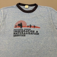 Vintage 70s Southwestern Immigration Ringer Shirt Blue Polycotton True Large