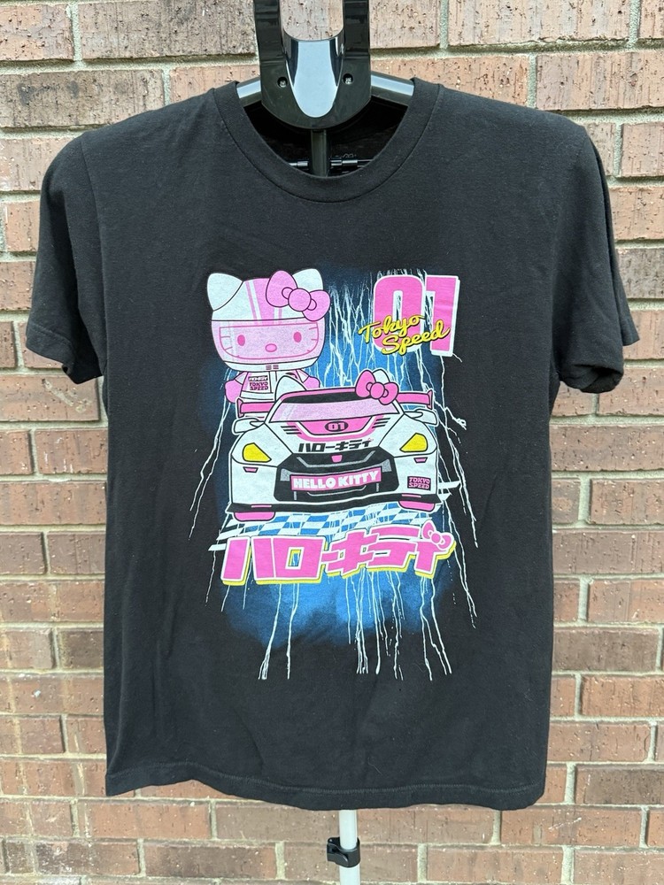 Hello Kitty Tokyo Speed Racing Tee Black T Shirt Size Medium Pink Racer EUC