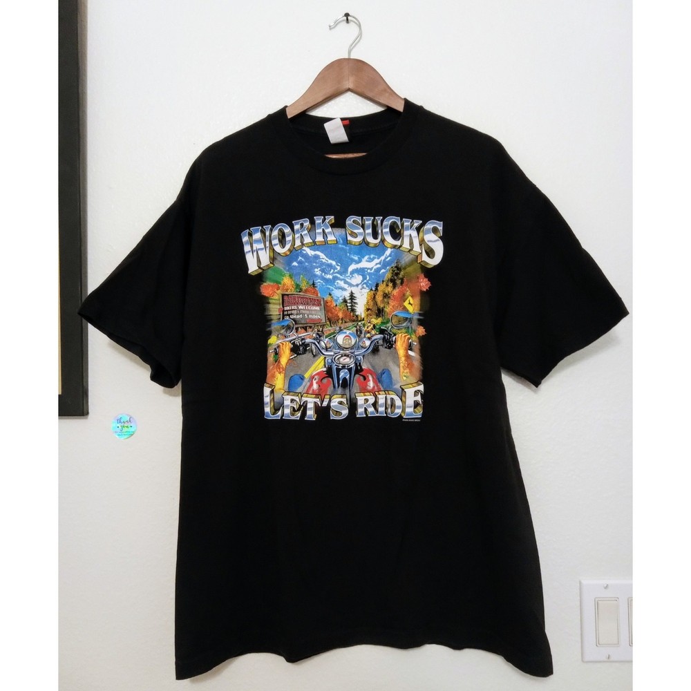 Hot Leathers Unisex Biker T-Shirt Work Sucks Lets Ride Graphic Motorcycle SZ XL