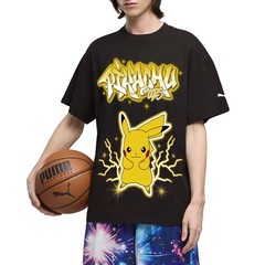 PUMA X Pokémon Hoops Pikachu Graphic Crew Neck Short Sleeve T-Shirt Mens Black