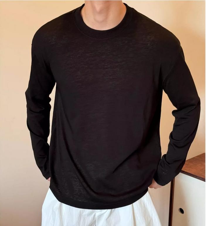 Men’s T-shirt Candy Color Thin Round Neck Loose Long Sleeve Tops Casual Pullover