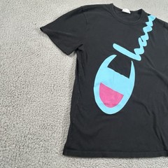 Champion Shirt Mens Medium Black Blue Pink Diagonal Script Big Logo T-Shirt