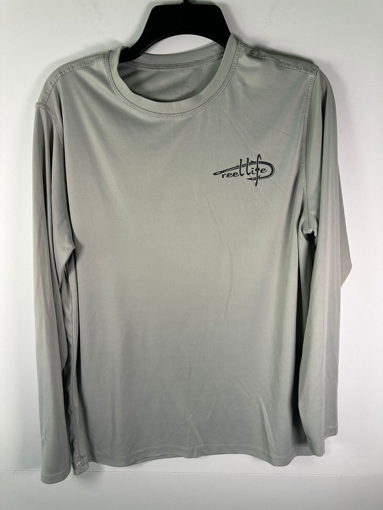 Reel Life Shirt Mens M Long Sleeve Performance Fishing UPF Tee Gray Logo Back