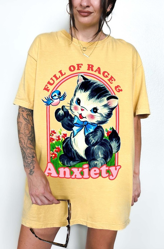 Full of Rage & Anxiety Kitty Graphic Tee Funny Vintage Cat Shirt