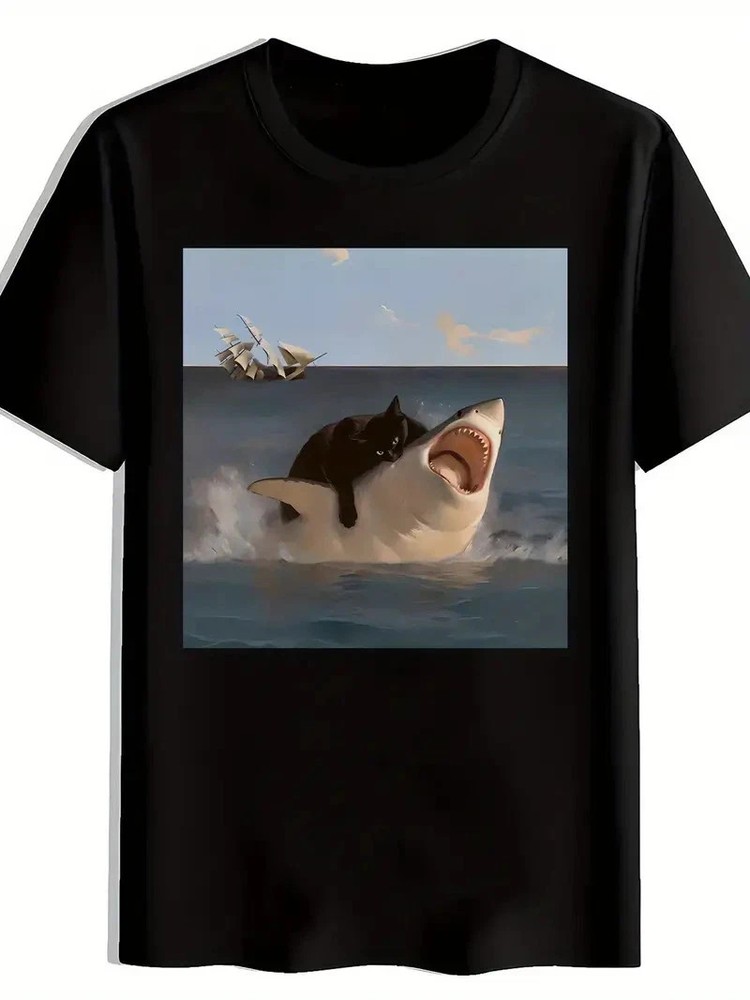 Funny Black Cat Riding Great White Shark T-Shirt Epic Ocean Meme Graphic Tee