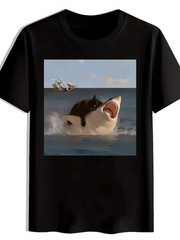 Funny Black Cat Riding Great White Shark T-Shirt Epic Ocean Meme Graphic Tee