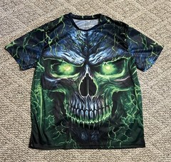 Green Flaming Skull All Over Print T-shirt XL Polyester Spandex