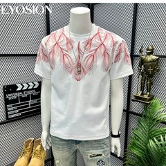 Men Embroidery Peacock Feathers T-Shirt Casual Short Sleeve Crewneck Cotton Tee
