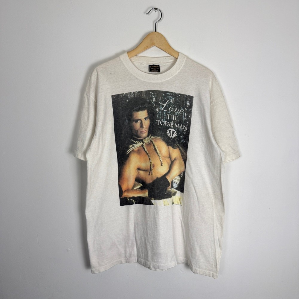 Vintage 90s Topaz Man Romance Novels Tee Shirt White XL Tom of Finland Man