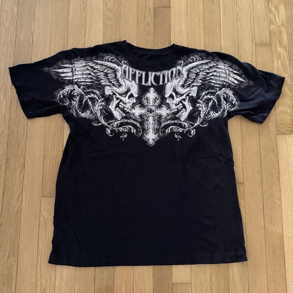 Affliction Shirt Mens XL Black Winged Up Skulls Gothic Cross Made in USA Y2K