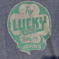 Lucky Brand Mens Large T Shirt Blue Graphic Tee Clover Try Lucky Jeans Distress