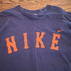 Vintage 90s Nike Blue Graphic SPELLOUT Logo T-Shirt Men’s Large Orange Lettering