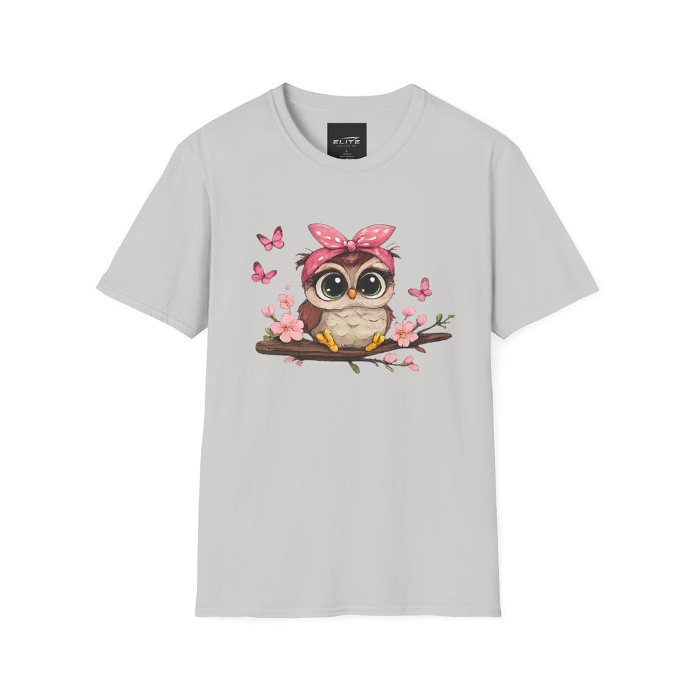 Cute Owl with Bandana on Branch T-Shirt | Pink Butterflies