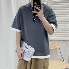 Summer Men’s Cotton Loose Casual Large Size Fake Two Pieces Short Sleeve T-Shirt