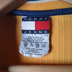 Vintage 1990s Tommy Jeans Shirt Men L Ribbed Knit Gold Long Sleeve V Neck