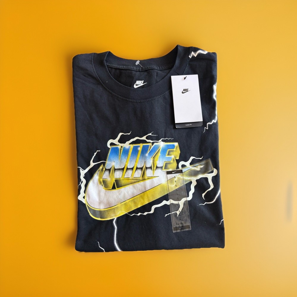 Nike Max 90 Graphic Shirt World Order Black Bold Lightning Logo Mens L NEW