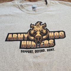 Army Hog Hunters Graphic T-Shirt Large Men Grey Double Sided Gildan Ultra Cotton