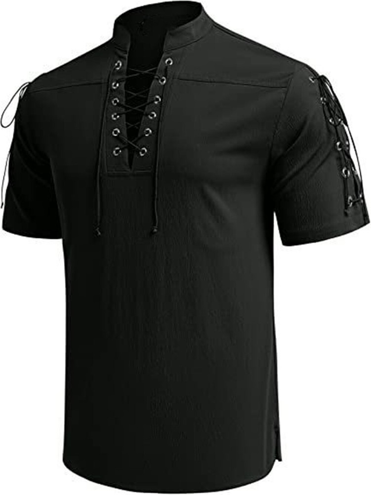 Summer Men’s Shirt Lace up Front T Shirt Lace-Up Sleeves Halloween Gothic Tops