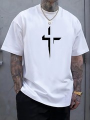 Men T Shirt 100% Cotton Round Neck Short Sleeve Cross Print Plus Size Loose Fit