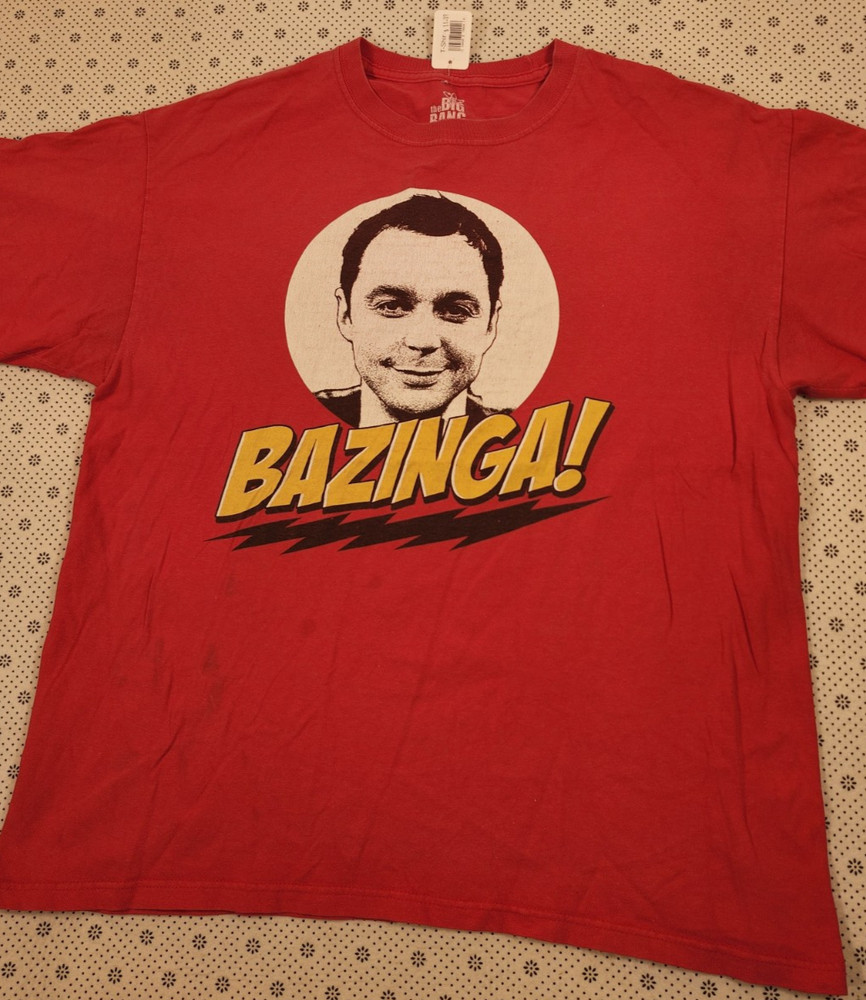 Bazinga The Big Bang Theory Mens LARGE T-Shirt Sheldon Cooper Red Graphic Tee