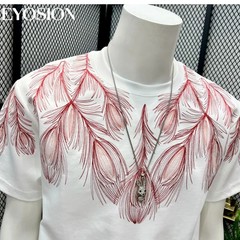 Men Embroidery Peacock Feathers T-Shirt Casual Short Sleeve Crewneck Cotton Tee