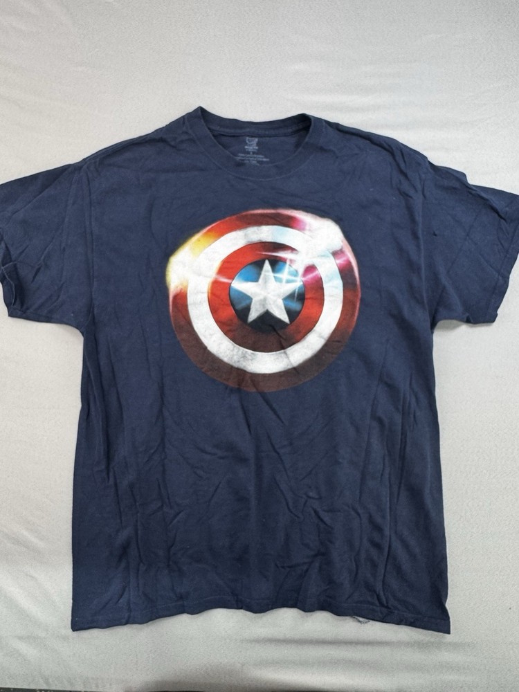 Captain America Shield T-Shirt Navy Blue Graphic Print Mens Size Large Read