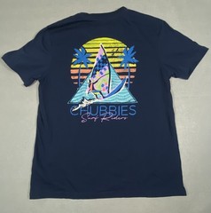 Chubbies Men’s Navy Blue Surf Riders Tee Size Medium Color Block Neon Boat